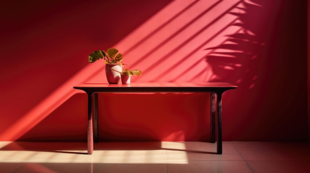 A red wall with a plant on it and a plant on the table.