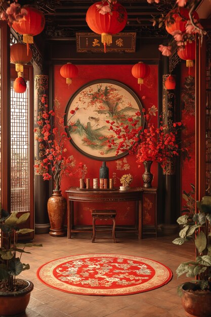 a red wall with a rug and a round rug with red lampshades