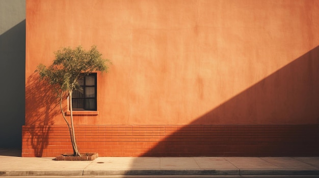 A red wall with a tree in the foreground and a building with a light on it.