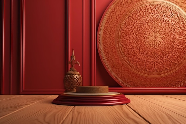 A red wall with a wooden floor and a vase on it.