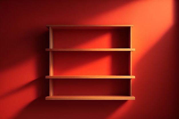 Red wall wooden shelf Generative AI