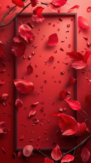 Photo red wallpaper with falling leaves