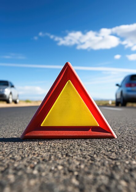 Foto triangolo di avvertimento rosso è sulla strada mentre buon tempo incidente automobilistico generative ai
