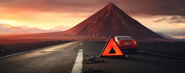 Photo red warning triangle is on wet road while bad weather car accident banner generative ai