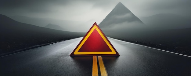 Red warning triangle is on wet road while bad weather car accident banner Generative Ai