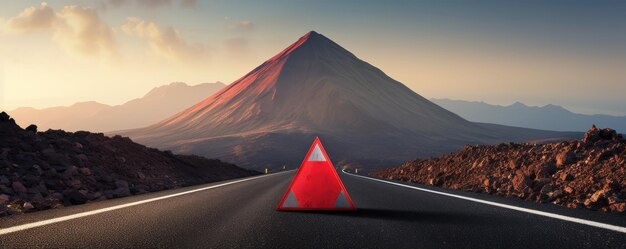 Red warning triangle is on wet road while bad weather car accident banner Generative Ai