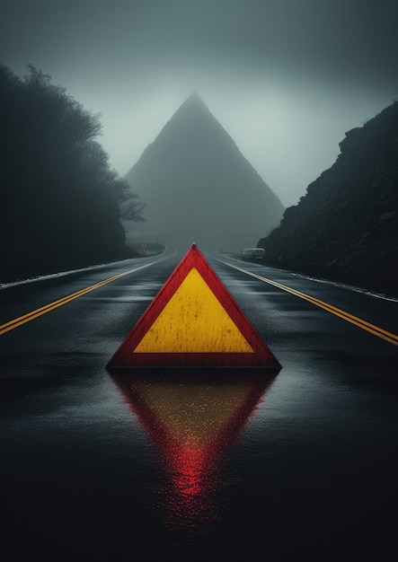 Red warning triangle is on wet road while bad weather car accident Generative Ai