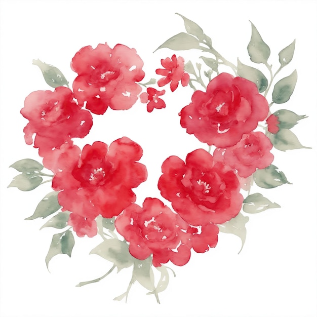 Red Watercolor Flowers in Shape of Heart on White Background