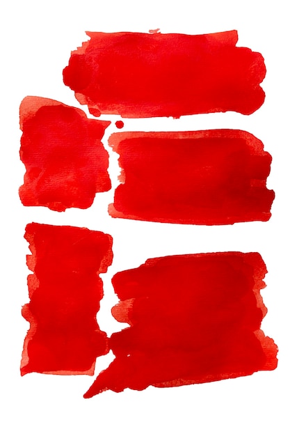 Red watercolor stain from brush strokes isolated on white background. Watercolor brush strokes of spot white background. Red abstract painted watercolor strokes. Background creative design. Set