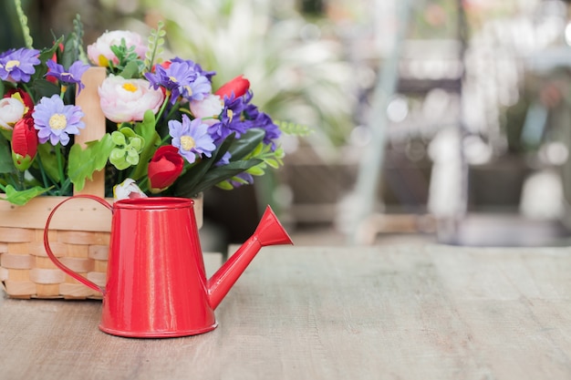 red watering can and plant on wood 