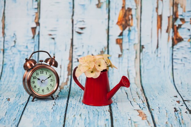 Red watering on old wood background .