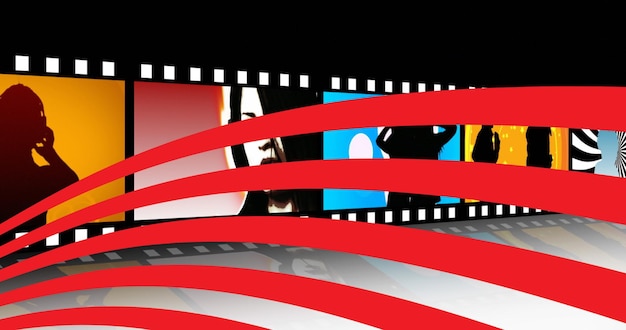 Red wavy stripes over abstract pictures over film reel against black background