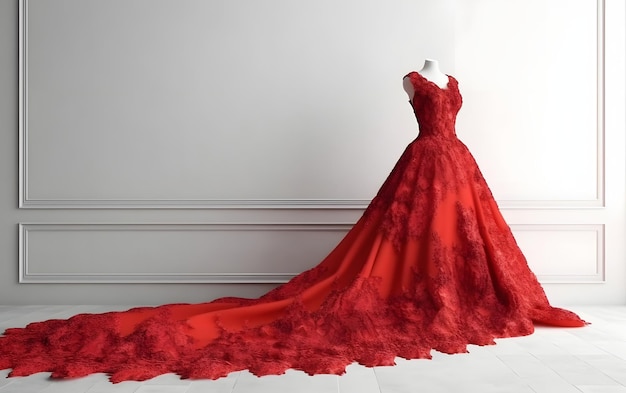 A red wedding dress model with a long train