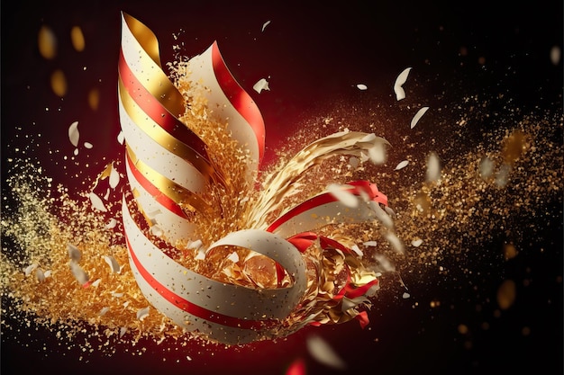 Red and white abstract background for carnival party concept with gold foil streamers and shiny confetti