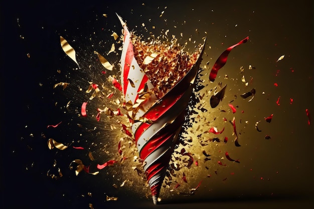 Red and white abstract background for carnival party concept with gold foil streamers and shiny confetti