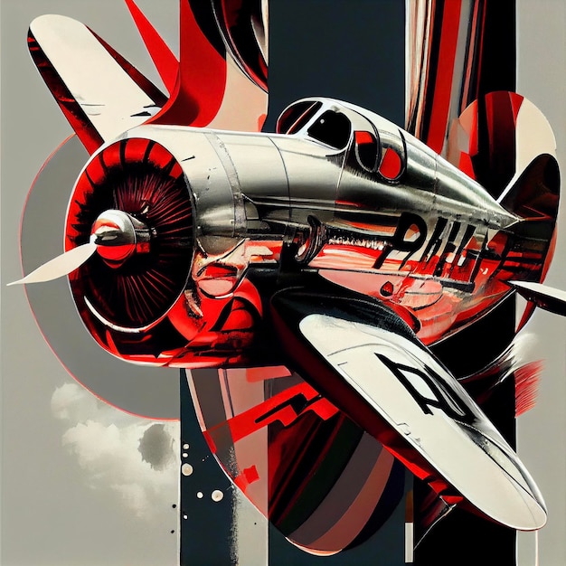 Red and white airplane flying through a cloudy sky generative ai