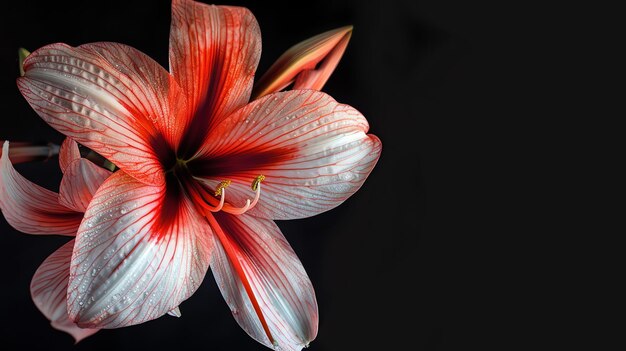 Foto fiore di amaryllis rosso e bianco in piena fioritura con gocce d'acqua sui suoi petali su uno sfondo nero con spazio di copia