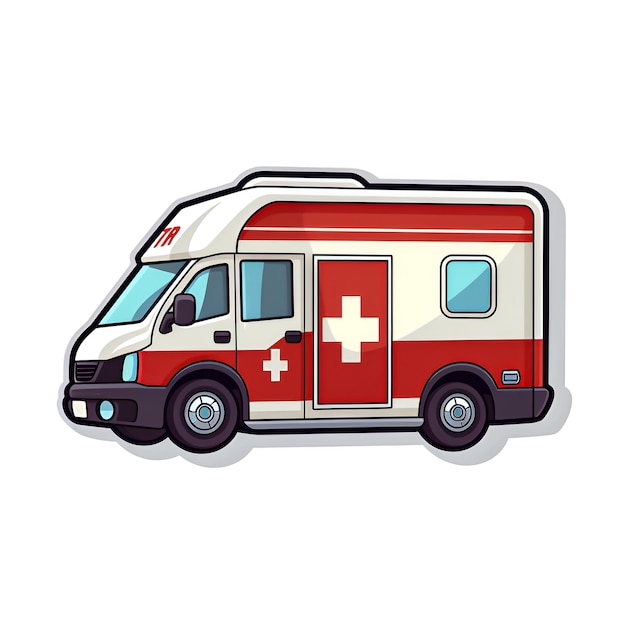 A red and white ambulance with a red cross on the front.