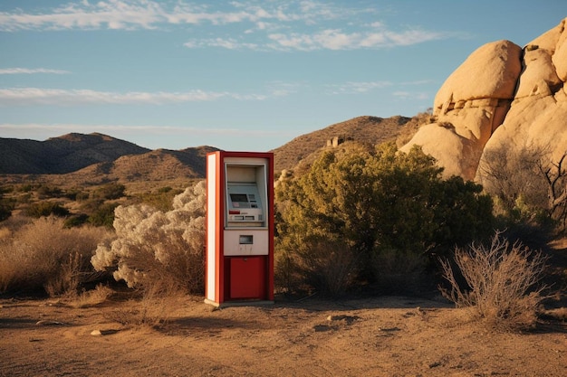 Foto un bancomat rosso e bianco si trova nel deserto.