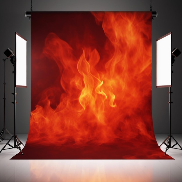 A red and white backdrop with a fire on it.