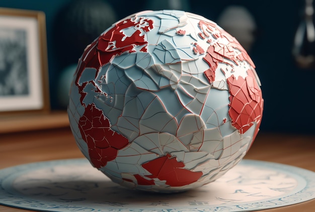 A red and white ball with a map of globe on it