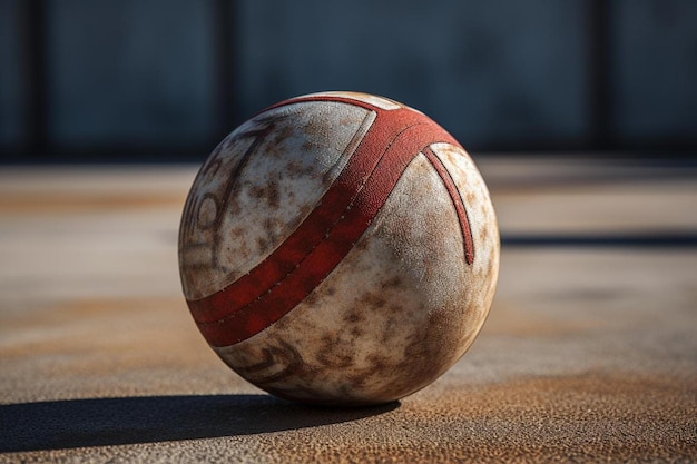 a red and white beach ball with a red stripe on the bottom.