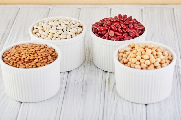 Red and white beans in ceramic bowls