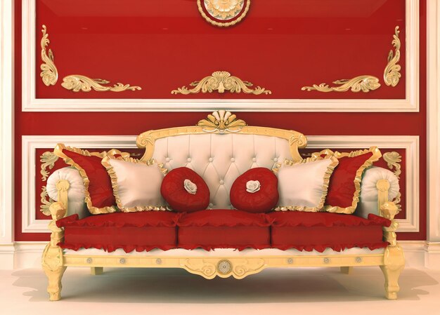 Photo a red and white bed with a gold and white bed frame