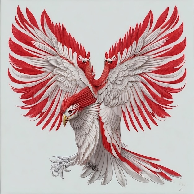 A red and white bird with wings