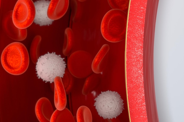 Photo red and white blood cells in the blood vessel 3d rendering