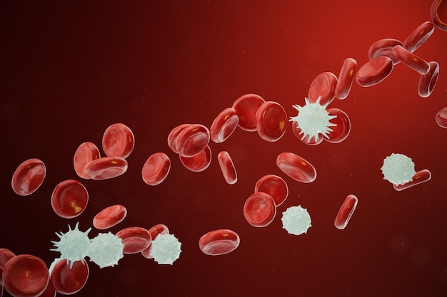 Red and white blood cells releasing neutrophils, eosinophils, basophils, lymphocytes, are the cells of the immune system. 3D illustration