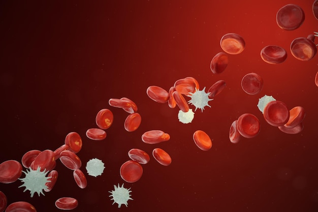 I globuli rossi e bianchi che rilasciano neutrofili, eosinofili, basofili, linfociti, sono le cellule del sistema immunitario. illustrazione 3d