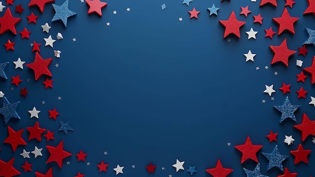 Red white and blue 3D stars on a blue background The stars are arranged in a random pattern