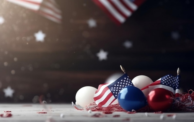 A red, white and blue american flag is in the center of a table.