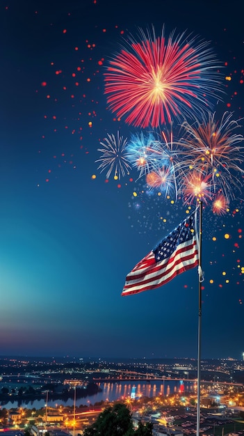 A red white and blue american flag is lit up with fireworks in the background