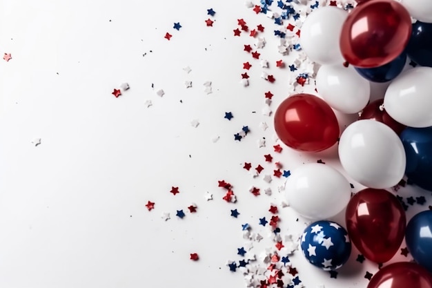 Red, white and blue balloons are scattered on a white background.