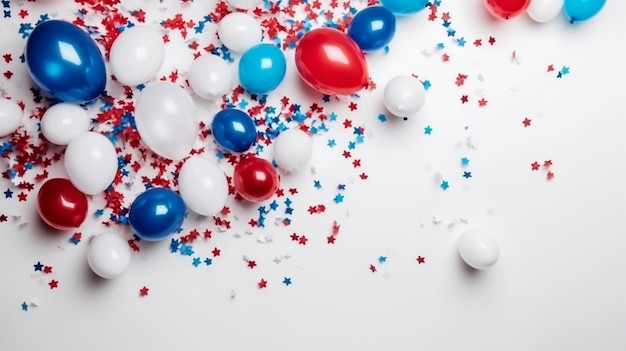 Red, white, and blue balloons are scattered on a white surface.