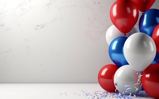 Red, white and blue balloons are on a table with a white background.