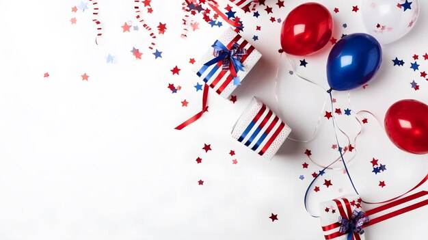 Red, white, and blue balloons are on a white background with a gift box and balloons.