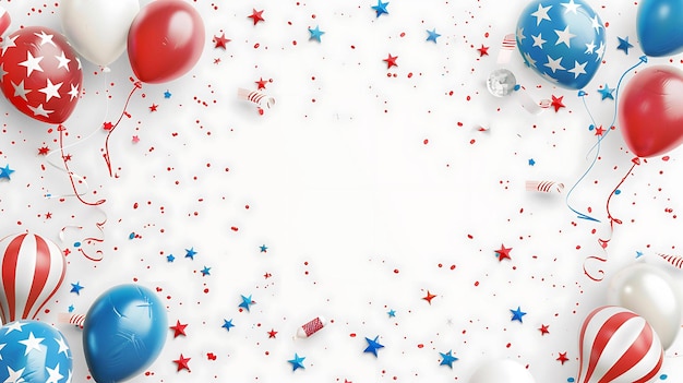 Photo red white and blue balloons and stars on a white background perfect for 4th of july or memorial day