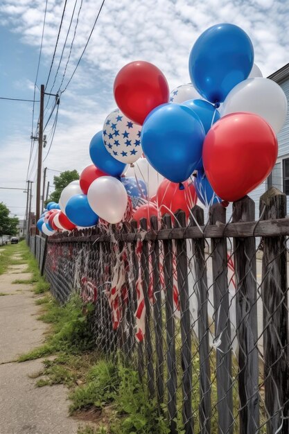 Red white and blue balloons tied to a fence created with generative ai