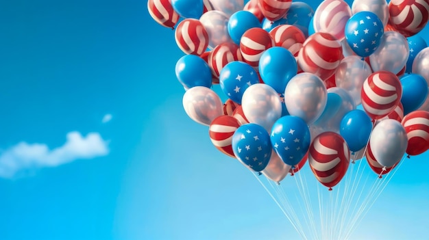 Красно-белые и синие воздушные шары с дизайном американского флага на фоне неба в голубом небе