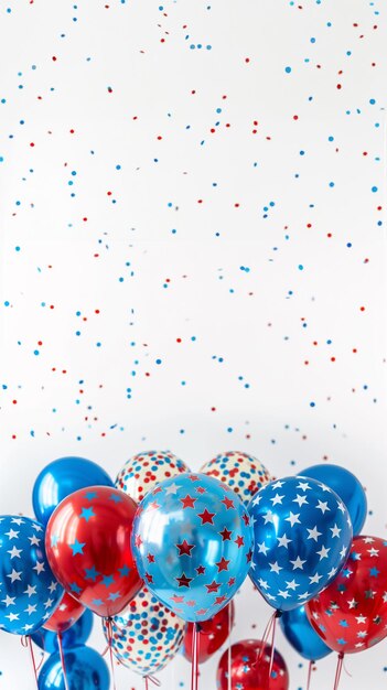 Red white and blue balloons with Stars and Stripes Independence day decoration vertical banner