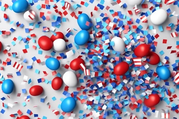 Red white and blue balls are scattered on a white surface