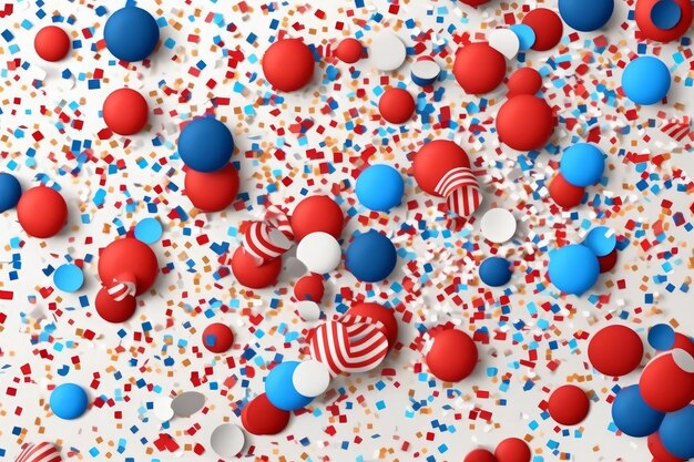 Red, white, and blue balls are scattered on a white surface.