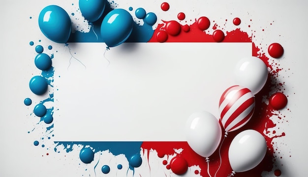 A red, white and blue banner with balloons in the middle.