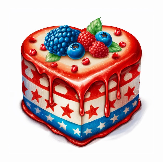 A red, white and blue cake with berries on it