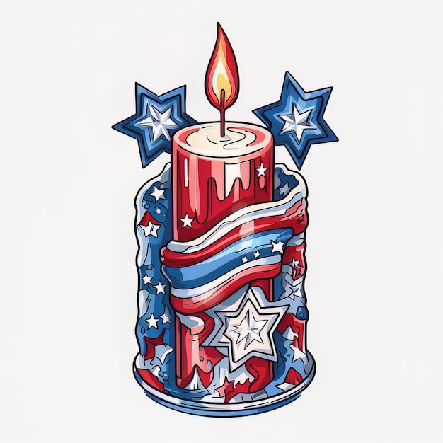 A red, white and blue candle with a lit candle on it.