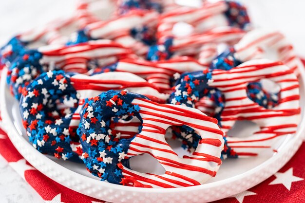 Red white and blue chocolate covered pretzel twists