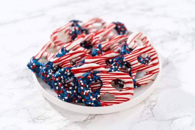 Red white and blue chocolate covered pretzel twists
